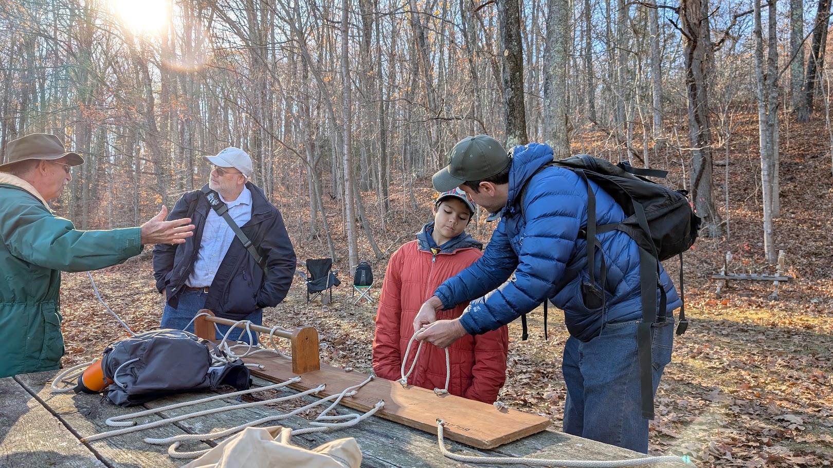Scouts practicing knot work at Webelos Only Training Weekend Activities (W.O.T.W.A.).